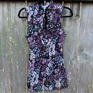 Dark floral sleeveless keyhole ruffle neck top spring summer fall feminine boho